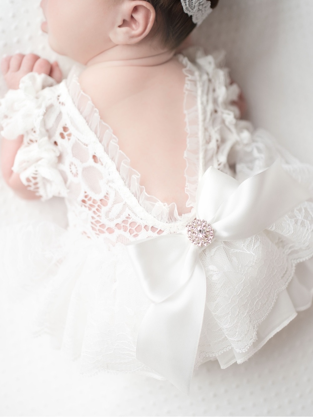 Custom Newborn Ivory Lace Photo Shoot Romper Rhinestone Bowp